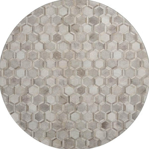 HomeRoots 8' Gray Ivory and Beige Geometric Round Rug – Washable, UV-Protected, Stylish for High-Traffic Areas 644631