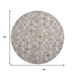 HomeRoots 8' Gray Ivory and Beige Geometric Round Rug – Washable, UV-Protected, Stylish for High-Traffic Areas 644631