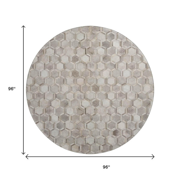 HomeRoots 8' Gray Ivory and Beige Geometric Round Rug – Washable, UV-Protected, Stylish for High-Traffic Areas 644631