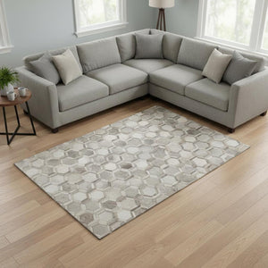 HomeRoots 9' X 12' Geometric Area Rug in Gray Ivory Beige - Washable, UV Protected, Durable for Family Spaces 644633