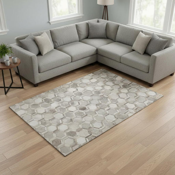 HomeRoots 9' X 12' Geometric Area Rug in Gray Ivory Beige - Washable, UV Protected, Durable for Family Spaces 644633