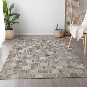 HomeRoots 10' Gray Ivory and Beige Geometric Area Rug - Washable, UV Protected, Stain Resistant for Homes 644634