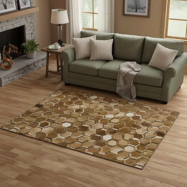 HomeRoots 5' X 8' Geometric Area Rug in Brown, Ivory & Beige – Washable, Stain-Resistant, UV Protected Design 644636