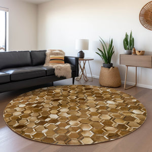 HomeRoots 8' Geometric Washable Round Rug in Brown, Ivory & Beige - Stylish, Durable, UV Protected Design! 644637