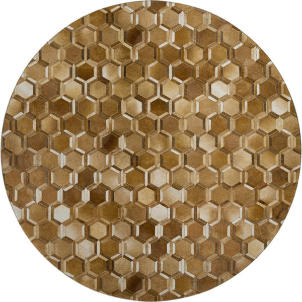 HomeRoots 8' Geometric Washable Round Rug in Brown, Ivory & Beige - Stylish, Durable, UV Protected Design! 644637