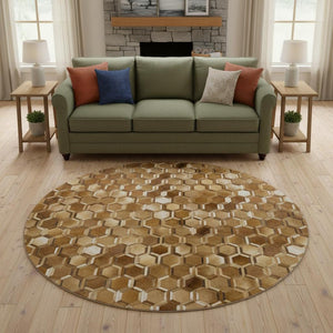 HomeRoots 8' Geometric Washable Round Rug in Brown, Ivory & Beige - Stylish, Durable, UV Protected Design! 644637