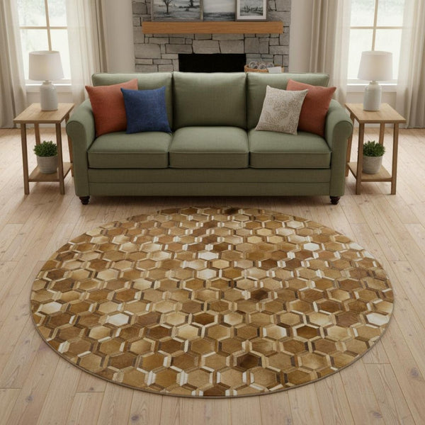 HomeRoots 8' Geometric Washable Round Rug in Brown, Ivory & Beige - Stylish, Durable, UV Protected Design! 644637