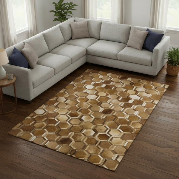 HomeRoots 8' X 10' Stylish Brown Ivory Beige Geometric Washable Area Rug with UV Protection & Durability 644638