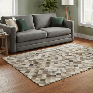 HomeRoots 5' X 8' Geometric Washable Area Rug - Gray, Ivory & Beige, UV Protected, Stain Resistant for Homes 644648