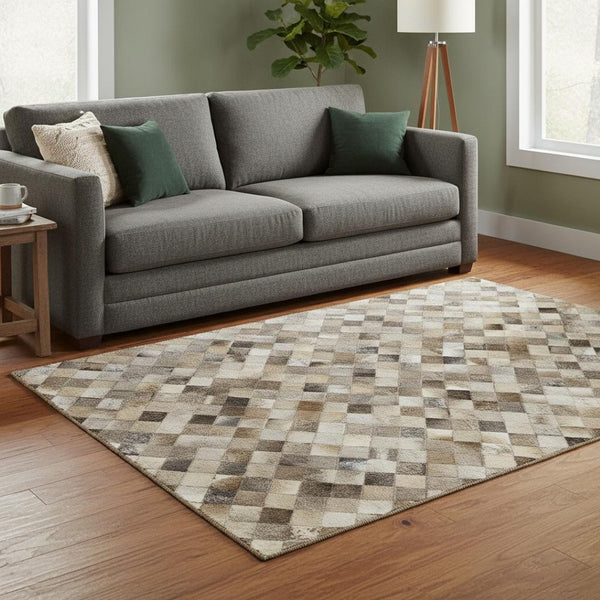 HomeRoots 5' X 8' Geometric Washable Area Rug - Gray, Ivory & Beige, UV Protected, Stain Resistant for Homes 644648