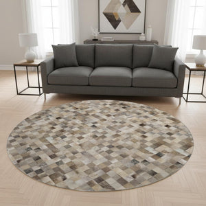 HomeRoots 8' Gray Ivory And Beige Geometric Round Rug - Washable, UV Protected, Stylish & Durable for Homes 644649