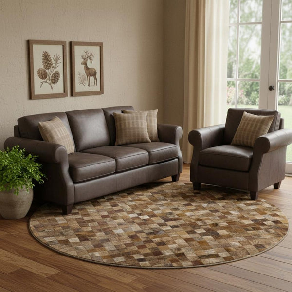 HomeRoots 8' Washable Round Rug with Geometric Design, UV Protection & Stain Resistance for Modern Spaces 644655