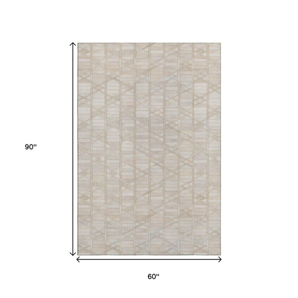 HomeRoots 5' X 8' Ivory & Beige Geometric Area Rug – Washable, UV Protected, Stylish, Durable for High-Traffic Rooms 644660