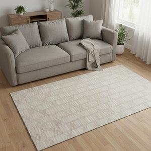 HomeRoots 5' X 8' Ivory & Beige Geometric Area Rug – Washable, UV Protected, Stylish, Durable for High-Traffic Rooms 644660