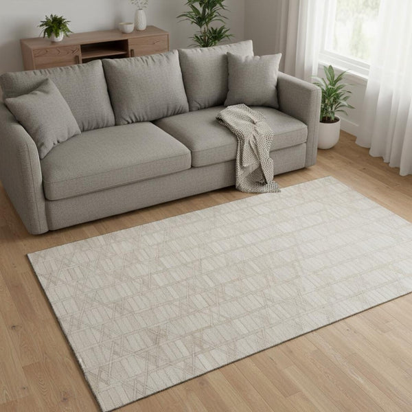 HomeRoots 5' X 8' Ivory & Beige Geometric Area Rug – Washable, UV Protected, Stylish, Durable for High-Traffic Rooms 644660