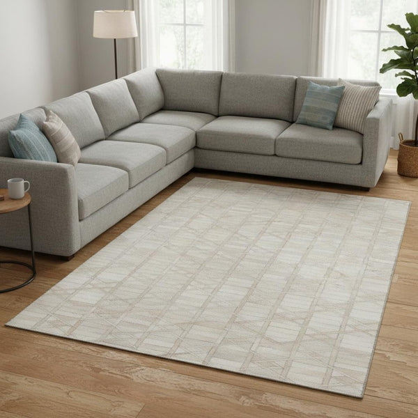 HomeRoots 8' X 10' Ivory and Beige Geometric Area Rug - Washable, UV Protected, Durable for High-Traffic Spaces 644662