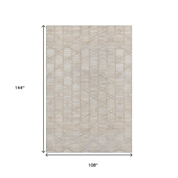 HomeRoots 9' X 12' Ivory and Beige Geometric Washable Area Rug - Durable, UV-Protected, Pet-Friendly Design! 644663