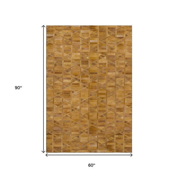 HomeRoots 5' X 8' Stylish Brown Beige and Gold Geometric Area Rug - Washable, UV Protected, Stain Resistant! 644672