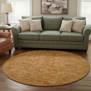 HomeRoots 8' Brown Beige Gold Geometric Round Rug - Washable, UV Protected, Stain-Resistant for Modern Homes 644673