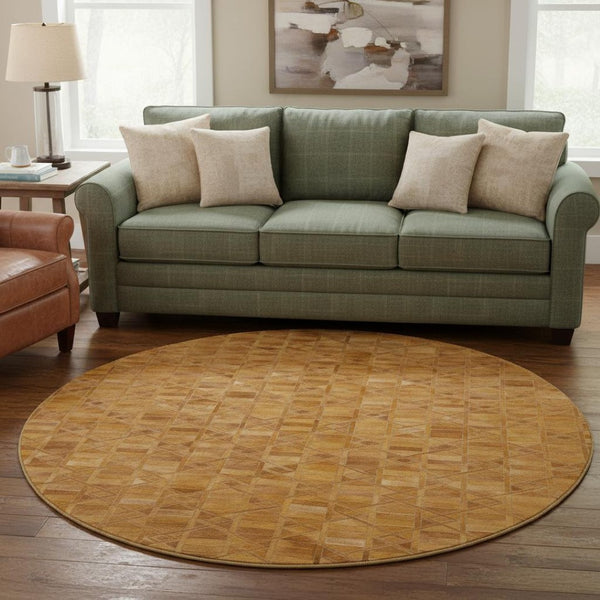 HomeRoots 8' Brown Beige Gold Geometric Round Rug - Washable, UV Protected, Stain-Resistant for Modern Homes 644673