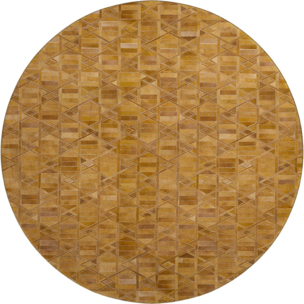 HomeRoots 8' Brown Beige Gold Geometric Round Rug - Washable, UV Protected, Stain-Resistant for Modern Homes 644673