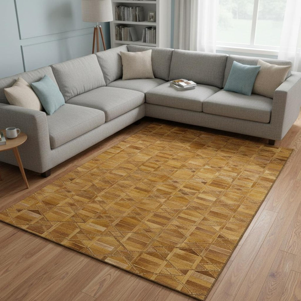 HomeRoots 8' X 10' Stylish Brown Beige Gold Geometric Washable Area Rug with UV Protection for Modern Spaces 644674