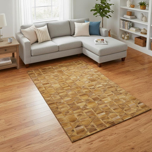 HomeRoots 9' X 12' Stylish Brown Beige Gold Geometric Washable Area Rug with UV Protection for Any Space 644675