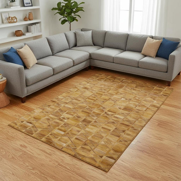 HomeRoots 10' X 14' Contemporary Brown Beige Gold Geometric Washable Rug - UV Protected, Stain Resistant, Easy Care 644676