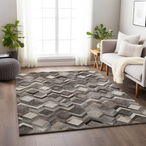 HomeRoots 5' X 8' Geometric Gray Ivory Black Area Rug - Washable, UV Protected, Stain-Resistant, Durable Design 644684