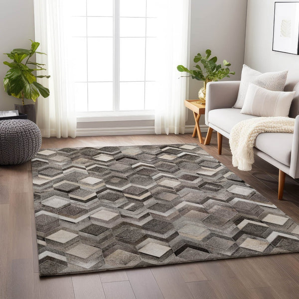 HomeRoots 5' X 8' Geometric Gray Ivory Black Area Rug - Washable, UV Protected, Stain-Resistant, Durable Design 644684