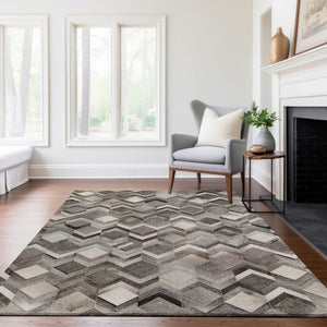 HomeRoots 5' X 8' Geometric Gray Ivory Black Area Rug - Washable, UV Protected, Stain-Resistant, Durable Design 644684