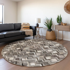 HomeRoots 8' Stylish Gray Ivory Black Geometric Round Rug - Washable, Stain-Resistant, UV Protected for Homes 644685