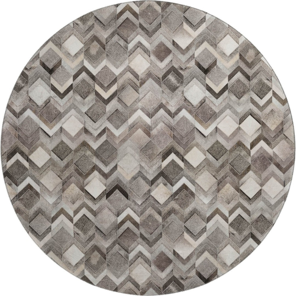 HomeRoots 8' Stylish Gray Ivory Black Geometric Round Rug - Washable, Stain-Resistant, UV Protected for Homes 644685