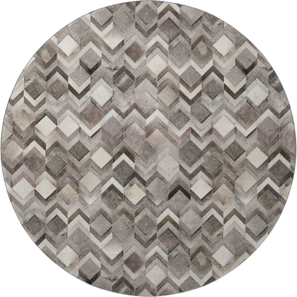 HomeRoots 8' Stylish Gray Ivory Black Geometric Round Rug - Washable, Stain-Resistant, UV Protected for Homes 644685