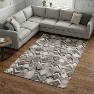 HomeRoots 8' X 10' Washable Geometric Area Rug in Gray, Ivory, and Black with UV Protection for High Traffic Areas 644686