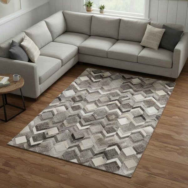 HomeRoots 8' X 10' Washable Geometric Area Rug in Gray, Ivory, and Black with UV Protection for High Traffic Areas 644686