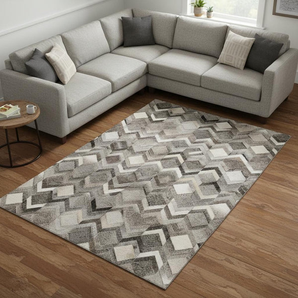 HomeRoots 10' Gray Ivory Black Geometric Washable Area Rug - UV Protected, Durable, Modern Design for Homes 644688