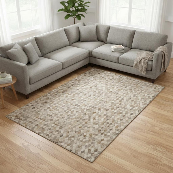HomeRoots 8' X 10' Gray Ivory Beige Geometric Area Rug - Washable, UV Protected & Stain Resistant for Homes 644698
