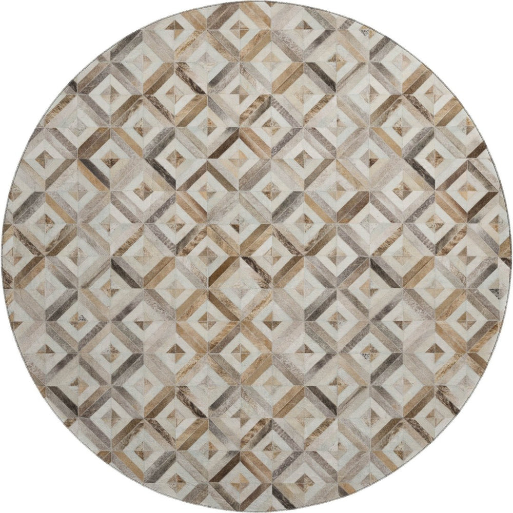 HomeRoots 8' Modern Geometric Round Rug in Gray Brown & Ivory - Washable, UV-Protected, Stain-Resistant Design 644703