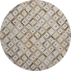 HomeRoots 8' Modern Geometric Round Rug in Gray Brown & Ivory - Washable, UV-Protected, Stain-Resistant Design 644703