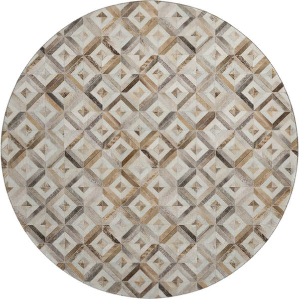 HomeRoots 8' Modern Geometric Round Rug in Gray Brown & Ivory - Washable, UV-Protected, Stain-Resistant Design 644703