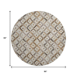 HomeRoots 8' Modern Geometric Round Rug in Gray Brown & Ivory - Washable, UV-Protected, Stain-Resistant Design 644703