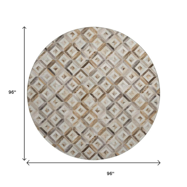 HomeRoots 8' Modern Geometric Round Rug in Gray Brown & Ivory - Washable, UV-Protected, Stain-Resistant Design 644703