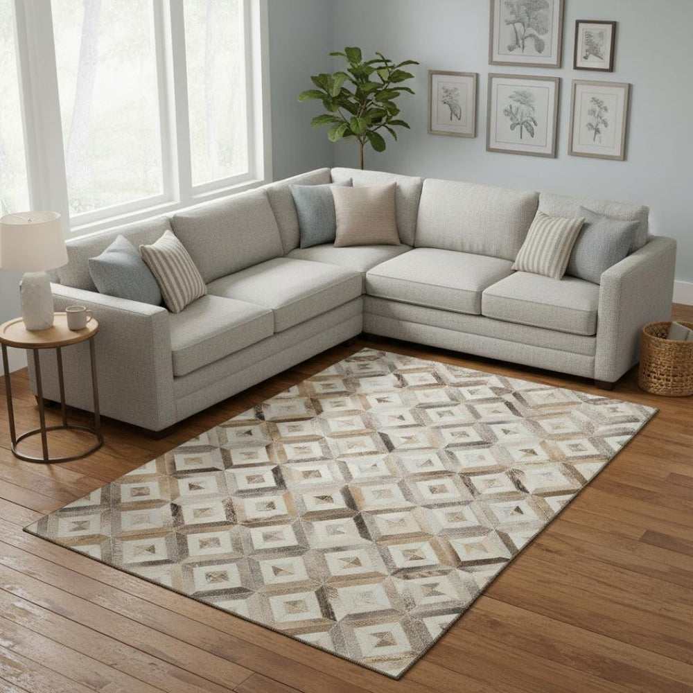HomeRoots 8' X 10' Stylish Gray Brown Ivory Geometric Area Rug - Washable, UV Protected for Modern Homes 644704