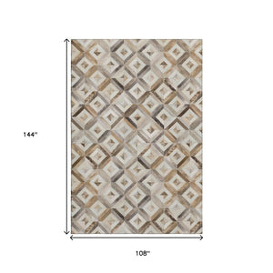 HomeRoots 9' X 12' Modern Geometric Area Rug in Gray, Brown & Ivory - Washable, UV-Protected & Stain-Resistant! 644705