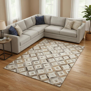 HomeRoots 9' X 12' Modern Geometric Area Rug in Gray, Brown & Ivory - Washable, UV-Protected & Stain-Resistant! 644705