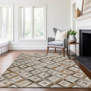 HomeRoots 9' X 12' Modern Geometric Area Rug in Gray, Brown & Ivory - Washable, UV-Protected & Stain-Resistant! 644705