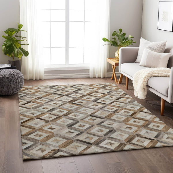 HomeRoots 10' Modern Geometric Area Rug in Gray, Brown & Ivory – Washable, UV Protected, Stain Resistant Design 644706