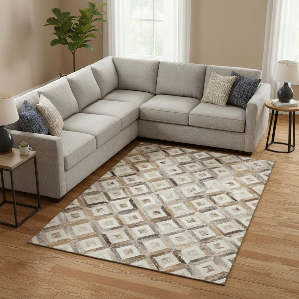 HomeRoots 10' Modern Geometric Area Rug in Gray, Brown & Ivory – Washable, UV Protected, Stain Resistant Design 644706