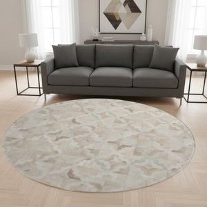 HomeRoots 8' Modern Ivory Beige and Gray Geometric Round Rug - Washable, Stain-Resistant, UV Protected Decor 644709